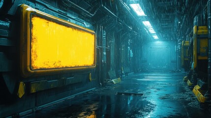 an empty neon sci-fi sign glowing bright yellow inside a futuristic industrial corridor, wet metal floor reflecting light, raining indoors, cyberpunk vibe