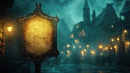 an empty medieval tavern sign with ornate iron frame, glowing warmly in a misty old village street at night, surrounded by vintage lanterns and stone buildings