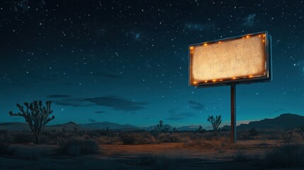 an empty sign with glowing light bulbs, standing alone in a quiet desert landscape under a clear starry night sky, evoking a nostalgic vintage roadside feel