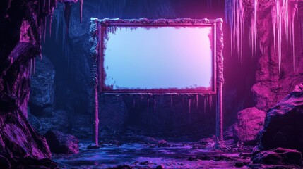 an empty sign inside a glowing neon-lit cave, surrounded by jagged rocks, icicles, and luminescent reflections in shades of violet and cyan, creating a surreal and mysterious underground atmosphere