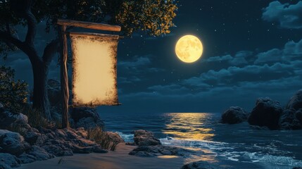 an empty sign hanging from a wooden frame near a rocky moonlit beach, surrounded by a glowing full moon, soft waves, and a starry night sky, evoking a peaceful and enchanting coastal atmosphere