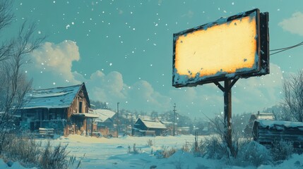 an empty sign glowing warmly amidst a rustic snowy village, surrounded by old wooden cabins, falling snowflakes, and frosted trees under a bright winter sky, evoking nostalgia and isolation
