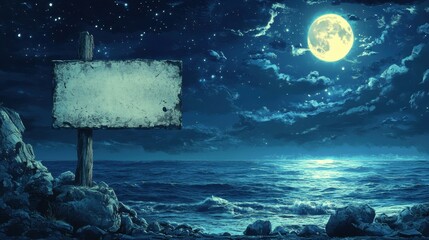 an empty sign made of weathered wood standing on a rocky seashore under a glowing full moon, with waves crashing and stars scattered across the twilight sky, serene and mystical night scenery