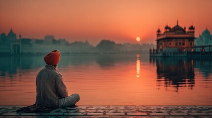 Sikh Man Gazing at Golden Temple in Peaceful Sunrise Reflection