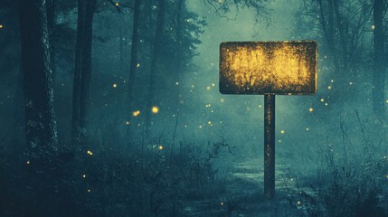 an empty sign glowing mysteriously in the middle of a dark enchanted forest, surrounded by floating fireflies and heavy mist, evoking a magical and eerie atmosphere under moonlight