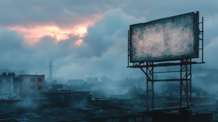 an empty sign on a rusted billboard in a foggy urban skyline, weathered and abandoned, surrounded by thick clouds and decaying rooftops, evoking a sense of post-apocalyptic stillness and eerie silence