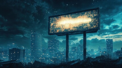 an empty sign illuminated in worn-out golden lights, standing on rusted poles above urban ruins, set against a dark post-apocalyptic city skyline under a starry night sky