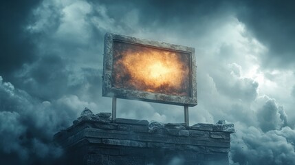 an empty sign glowing in a worn stone frame, standing on a crumbling rooftop surrounded by dramatic storm clouds, the surreal lighting and cinematic weather create a post-apocalyptic atmosphere filled