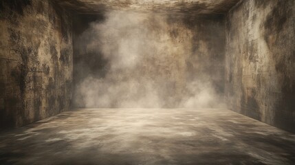 an empty room with aged, textured walls and a dusty, smoke-filled atmosphere, the dim light reveals grunge surfaces and a mysterious, abandoned tone suitable for a cinematic poster design
