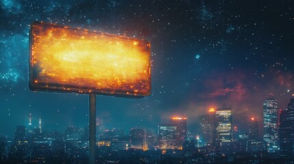 an empty sign glowing atop a city skyline under a galaxy-lit night sky, the illuminated billboard radiates warm light in contrast with the futuristic urban setting, evoking a sense of mystery