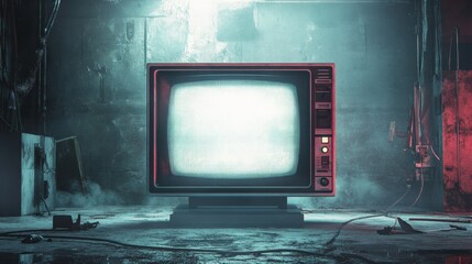 an empty television in an abandoned industrial room, empty television glowing with static signal, surrounded by scattered cables and rusted walls, cinematic lighting and eerie mood