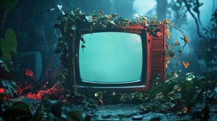 an empty television overgrown with green vines in a lush, mysterious jungle, empty television in overgrown forest with bioluminescent plant accents