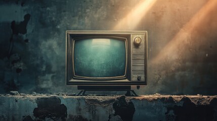 an empty television in a decayed urban setting, placed on a cracked concrete ledge with dramatic golden sunlight filtering through the dust