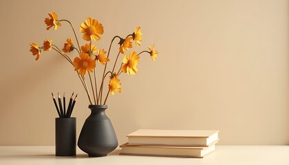 Still life of yellow daisy in vase with books and pencils, neutral background