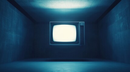 an empty television glowing in a cold, sterile blue concrete room with harsh overhead lighting