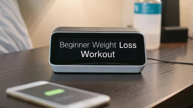 Beginner loss weight concept. A smart clock on a bedside table displays "Beginner Weight Loss Workout" near a charging smartphone and a water bottle.