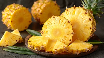 Pineapple Slices and Leaves Isolated on White Background HD 8K Stock Image

