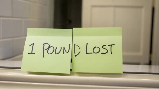 Beginner loss weight concept. A mirror with sticky notes reading &ldquo;1 pound lost&rdquo; displayed, signaling a small weight loss achievement.