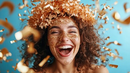 A jubilant woman radiates pure joy, adorned in sparkling confetti and glitter, celebrating a moment of happiness against a vibrant blue backdrop with laughter.