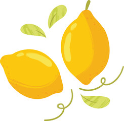 Lemon with Leaves and Swirls – Colorfull Fruit Flat Vector Illustration - Healthy Vegan Lemonade
