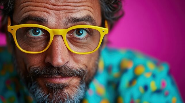 A smiling man with curly hair wears bright yellow glasses against a vibrant pink background, exuding joy and friendliness, perfect for themes of positivity and creativity.