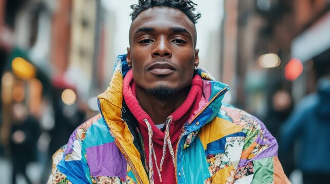 A confident young man poses in a colorful puffer jacket in a busy downtown street, embodying urban style and individuality in a vibrant and dynamic city environment.