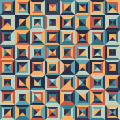 Fototapeta premium Pattern of nested squares and triangles in teal navy orange and brown hues creates a geometric mosaic effect