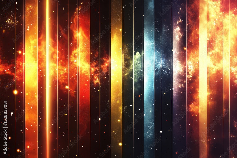 Poster glowing fire sparkles transition through colorful cosmic flares in a dark space background, glowing 
