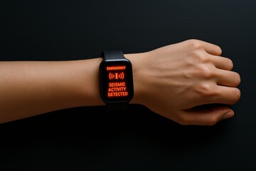 Seismic Alert on Smartwatch. Emergency notification of earthquake activity displayed on modern wrist device, black background.