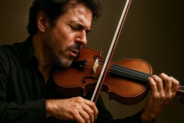 Violinist in Emotional Expression. Passionate musician playing violin with intense facial expression, close up view.