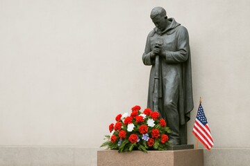 War Memorial with Flowers. Statue with American flag and bouquet, symbol of respect and tribute for fallen heroes.