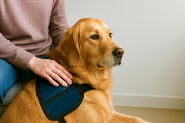 PTSD Service Dog Comfort. Golden retriever in service vest being gently petted, emotional support concept in therapy.