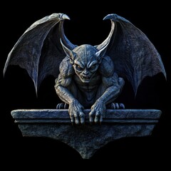 a fierce stone gargoyle with large bat wings crouching on a gothic pedestal, snarling with sharp teeth