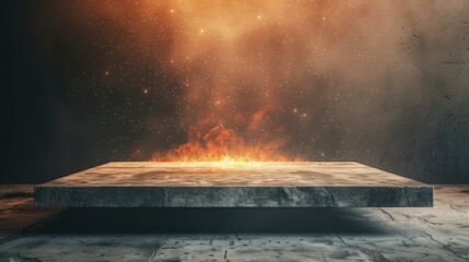 A dark, dramatic scene with a large, flat, stone platform and fiery effect