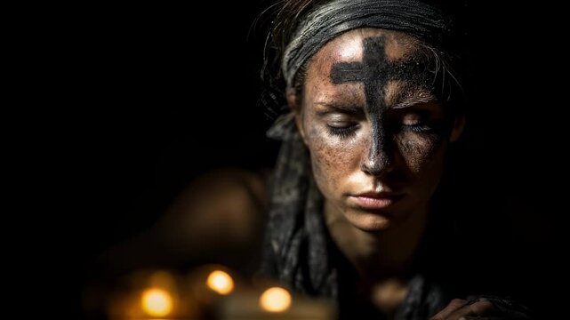 Concept photo of a contemplative figure sitting in front of a dark background, eyes closed in prayer, with a crossshaped candle and ashes on their forehead. The candles flame seems