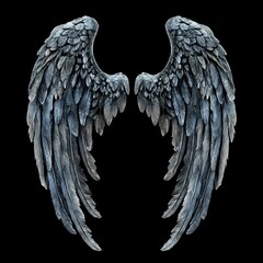 haunted angel wings, dark and weathered feathers with gothic texture and worn metallic sheen, arranged symmetrically against a black background