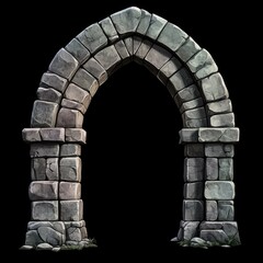 a medieval gothic arch made of worn stone blocks, arched architecture with mossy base and cracks, fantasy ruin on black background