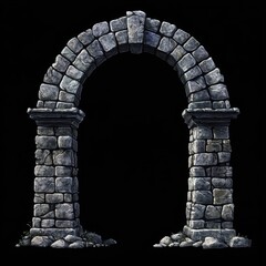 a gothic stone archway with aged bricks and overgrown base, medieval architectural design, dramatic lighting on black background