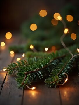 Pine Branch on Rustic Wood with Bokeh Lights for Christmas Decor