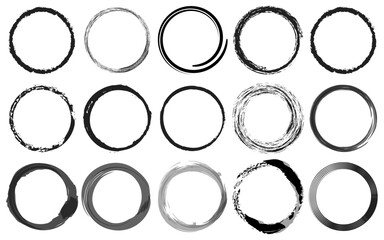 Circle splat brush stroke set hand drawn grunge black shape paint frame collection dirty ink strokes silhouette vector illustration border element damaged grainy spray paintbrush