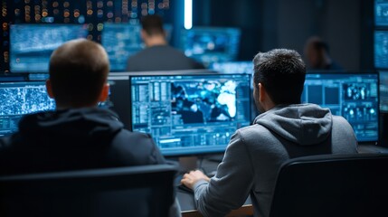 Cybersecurity analysts working on computers in dark control room monitoring network security threats