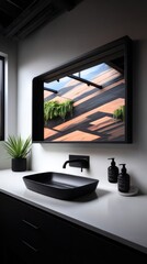 Modern bathroom with black sink and mirror