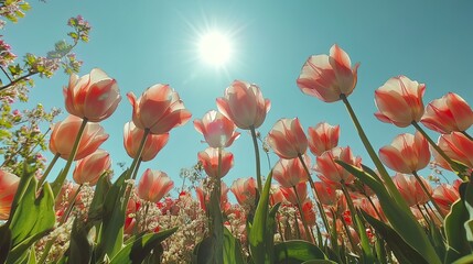 Dreamy Pink Tulip Field Under Bright Sun