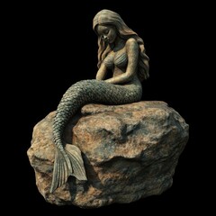 Fototapeta premium a mermaid statue resting gracefully on a textured rock, with detailed scales, flowing hair, and a serene expression