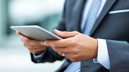 Business Professional Utilizing Technology: A sharp business professional, dressed in a suit, interacts with a sleek tablet.