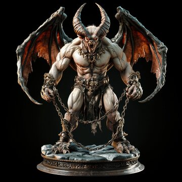 a demon lord statue, showcasing a monstrous muscular figure with massive wings, curved horns, glowing eyes, chained wrists, and infernal armor, standing on a stone pedestal