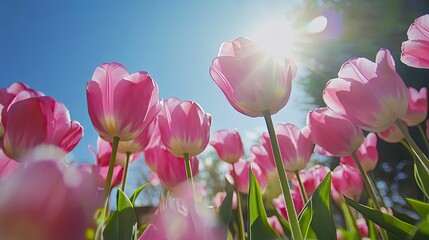Pink Tulip Flowers Under Bright Sunlight in Spring