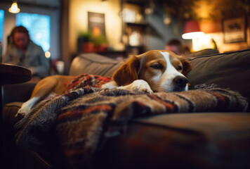 Obraz na płótnie Canvas A serene scene of a relaxed dog lounging on a cozy couch with a warm blanket, embodying comfort and tranquility, perfect for pet lovers and home life.