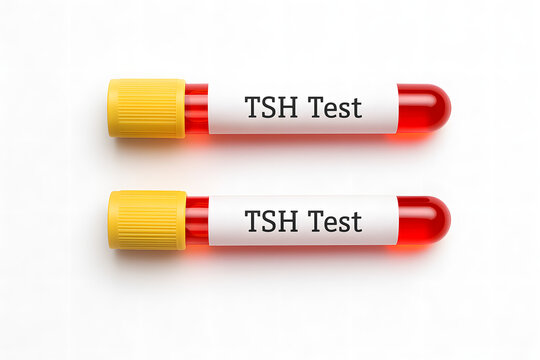 TSH test blood samples in vacuum tubes with red serum and yellow cap, thyroid stimulating hormone level examination, laboratory diagnostic analysis for endocrine system, medical research and healthcar