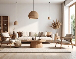Modern minimalist living room interior with natural lighting, Scandinavian style, neutral color palette, realistic rendering